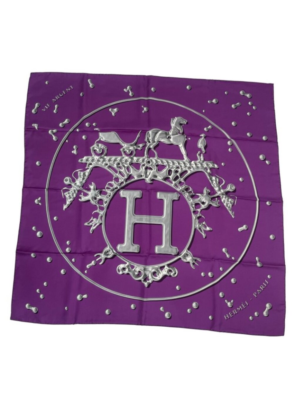 Hermes Carre 90 Vif Argent Silver Drop Orange Silk Scarf Purple - Picture 2 of 8